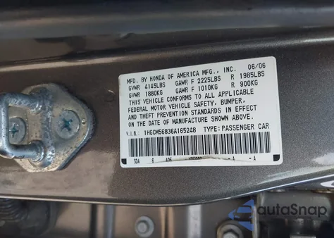 2006 Honda Accord 2.4 Ex из США, поврежденный, VIN 1HGCM56836A165248